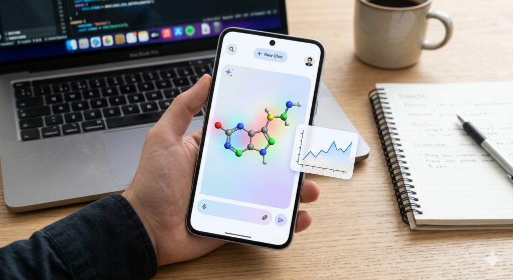 “Interactive 3D model and chart inside the Gemini app on a smartphone screen, showing how the Gemini app helps visualize complex topics with simple, interactive visuals.”