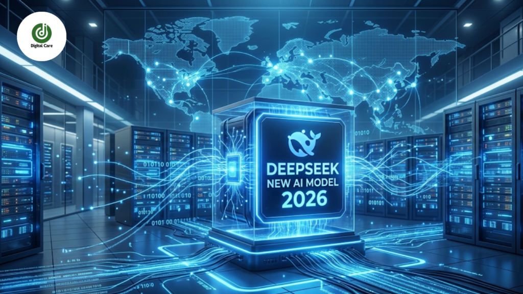DeepSeek new AI model 2026 in a futuristic server room