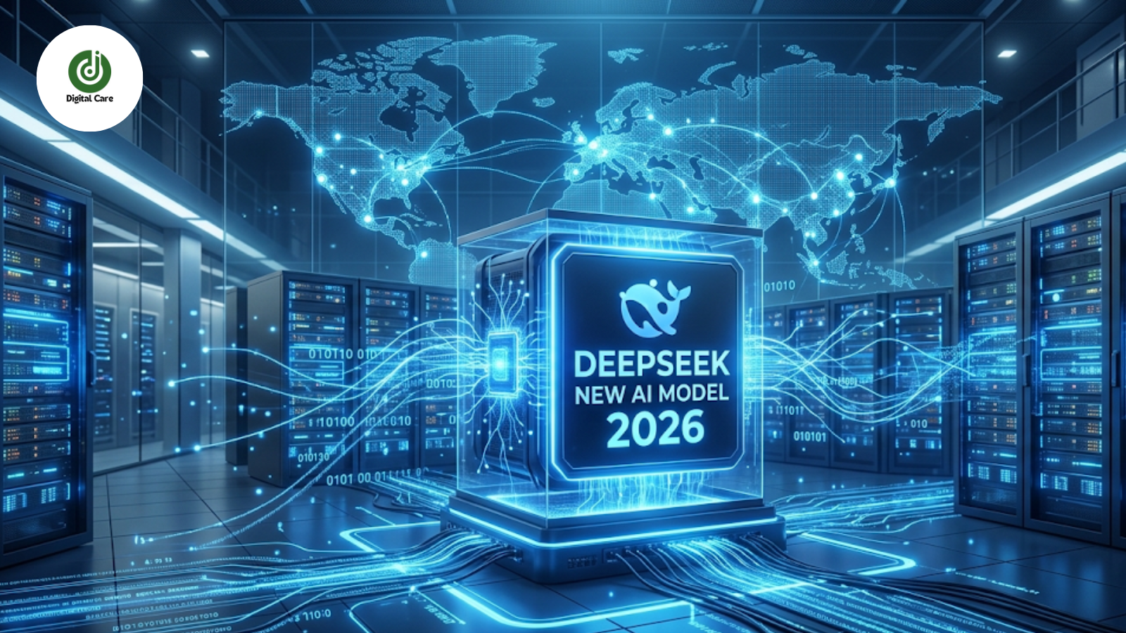 DeepSeek new AI model 2026 in a futuristic server room