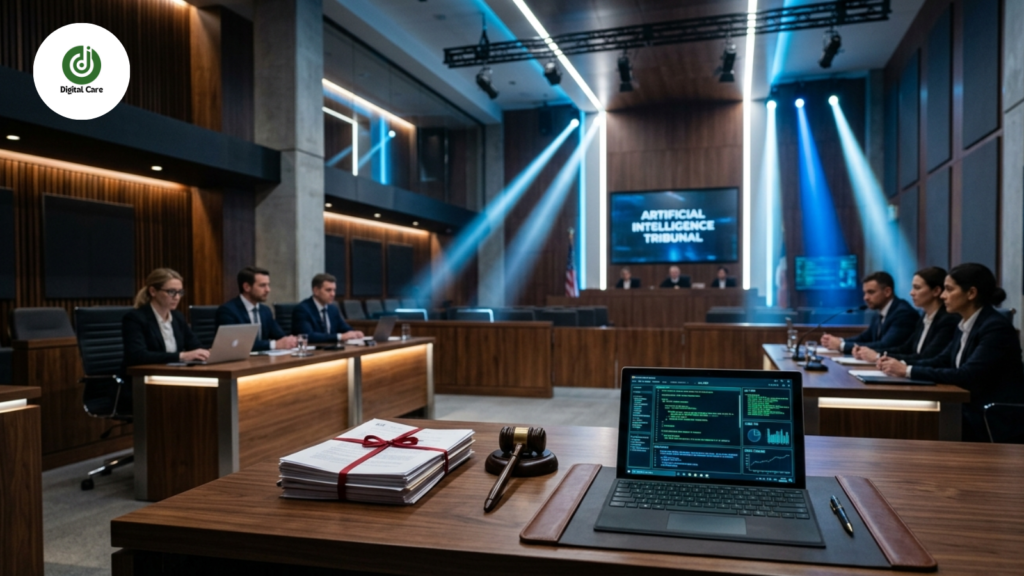 A cinematic view of a modern high-tech courtroom during the Elon Musk OpenAI lawsuit, featuring legal documents and digital tablets symbolizing the high-stakes legal battle.
