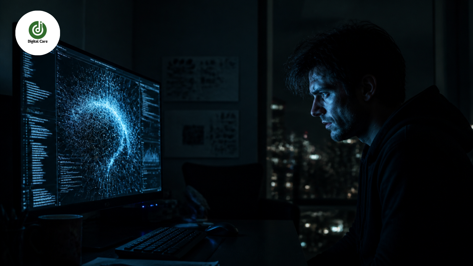 "Person experiencing AI-induced psychosis while watching a glowing computer screen."