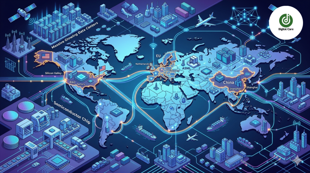 “Global AI supply chain illustration showing glowing data centres, semiconductor chips and fibre‑optic connections over a world map linking the US, EU and China, in modern blue and purple tones.”