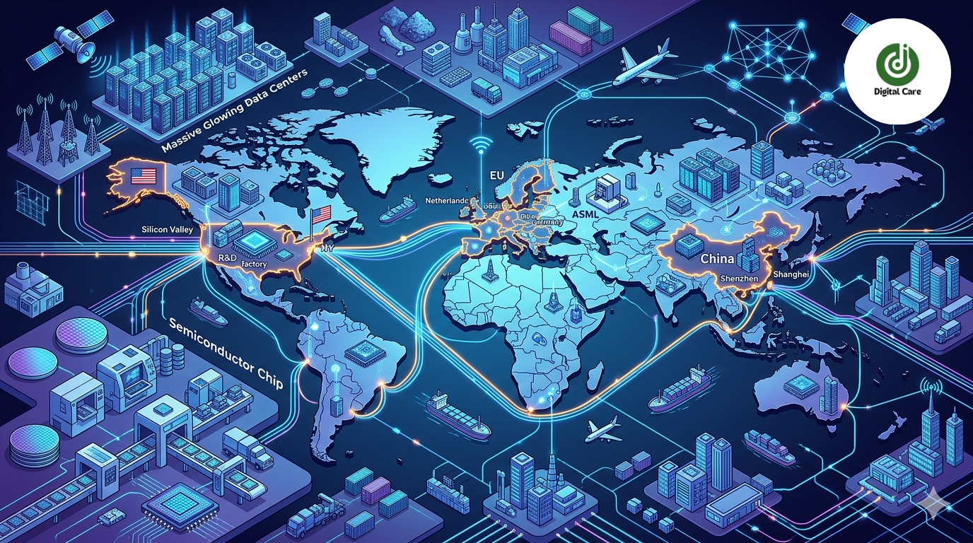 “Global AI supply chain illustration showing glowing data centres, semiconductor chips and fibre‑optic connections over a world map linking the US, EU and China, in modern blue and purple tones.”