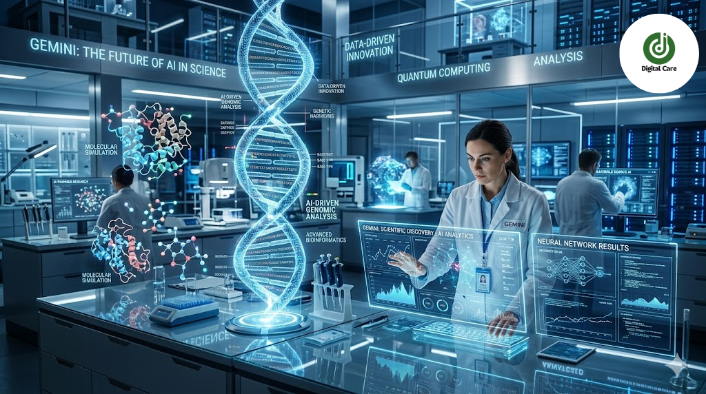 Gemini for Science AI in a futuristic research lab with digital science tools