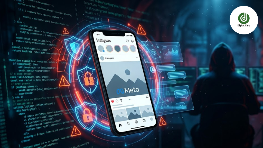 Meta AI Instagram Hack showing a smartphone with Instagram screen, surrounded by cybersecurity alerts, AI chatbot elements, and hacking visuals representing a data breach incident.