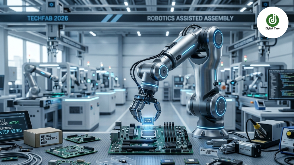 Embodied AI Robotics Ecosystem: humanoid robot assembling circuit board in 2026 factory