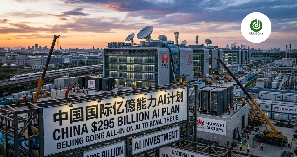Massive technology infrastructure site showing China 295 billion AI plan construction with data centers and Huawei facilities.