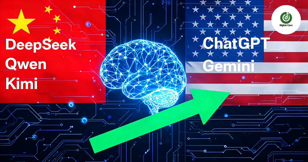 Chinese AI models global usage surpassing ChatGPT and Google Gemini - AI competition visualization showing DeepSeek, Qwen, and Kimi overtaking US AI models in token usage