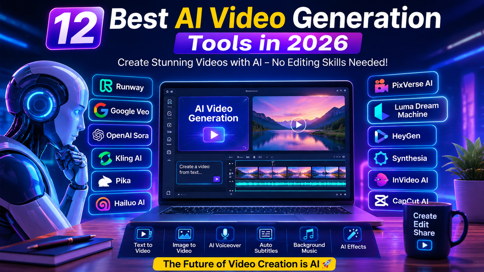 Best AI Video Generation Tools in 2026 featured image showing AI video creation software including Runway, Google Veo, OpenAI Sora, Kling AI, and CapCut AI.